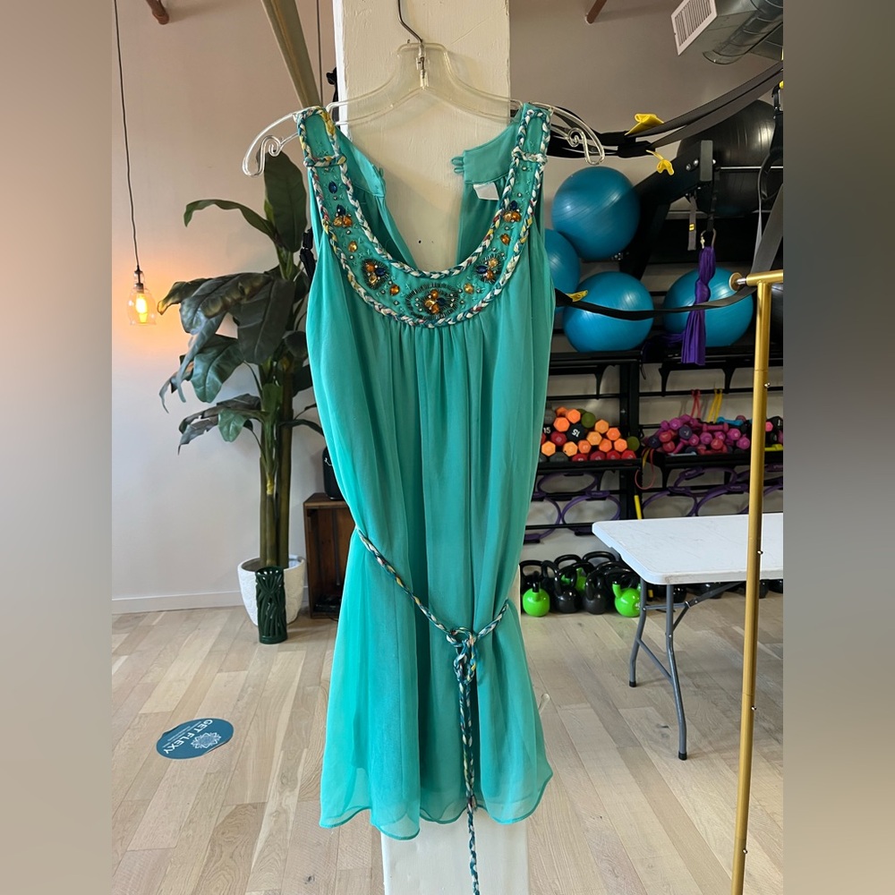 C. Luce Turquoise Embellished Mini Swing Dress